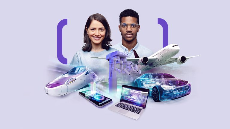 A woman and a man stand behind various technology-themed graphics, including a futuristic train, a robotic arm, a plane, a car, a smartphone, and a laptop. The background is light purple with bracketing symbols framing the individuals.