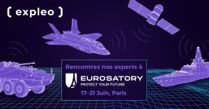 Graphic image featuring wireframe models of a spacecraft, satellite, armored vehicle, and a battleship on a dark background with the logo and text for an event called eurosatory, indicating the dates june 17-21.