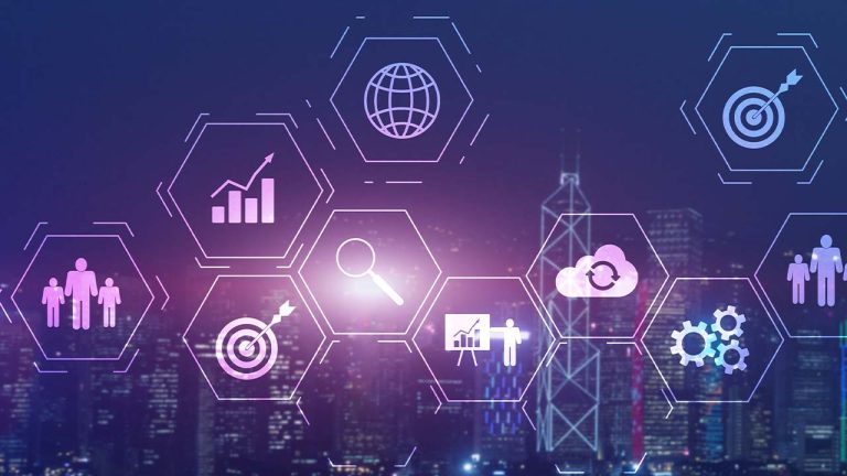 Digital network icons and graphs overlay a city skyline at night, symbolizing modern business data analytics and global connectivity.