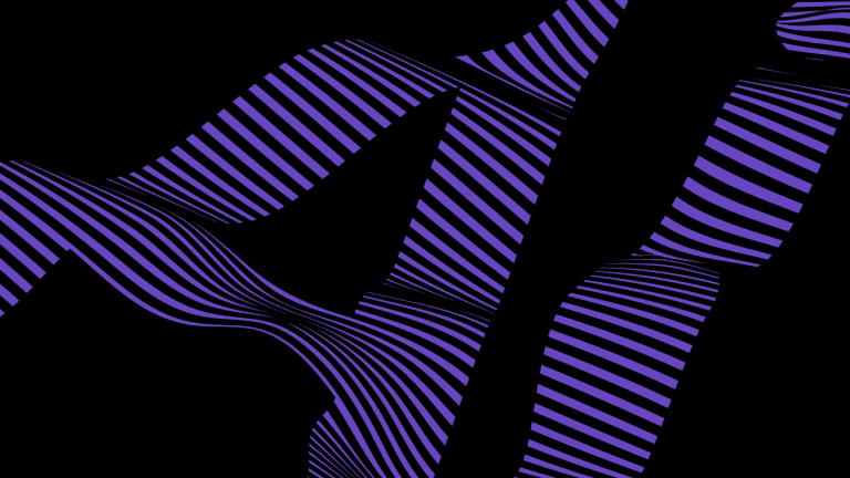 Abstract image featuring flowing, ribbon-like shapes adorned with alternating diagonal stripes of purple and black. The ribbons twist and curve gracefully against a stark black background, creating a dynamic and visually striking composition.