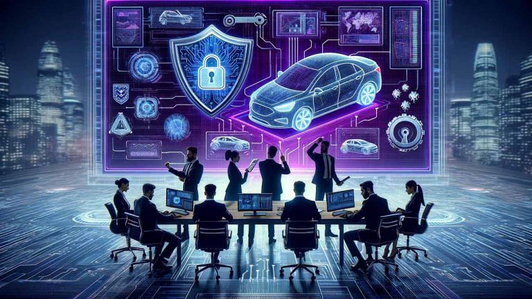 A group of people in an office setting, seated and standing around a large table with computers. They are focused on a futuristic digital display featuring a car, a padlock icon on a shield, and various holographic data and symbols in a cityscape background.