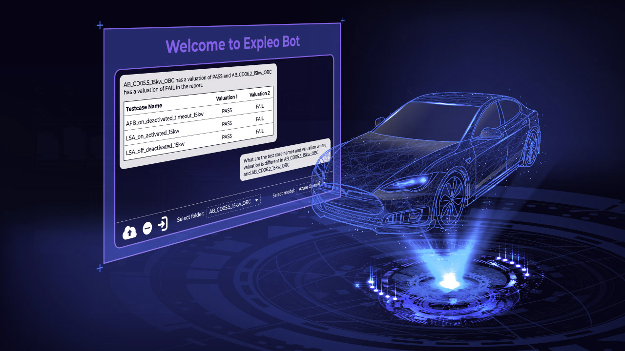A holographic interface displays a welcome message and data table in front of a digital wireframe car, all set against a dark, futuristic blue background with glowing tech elements.