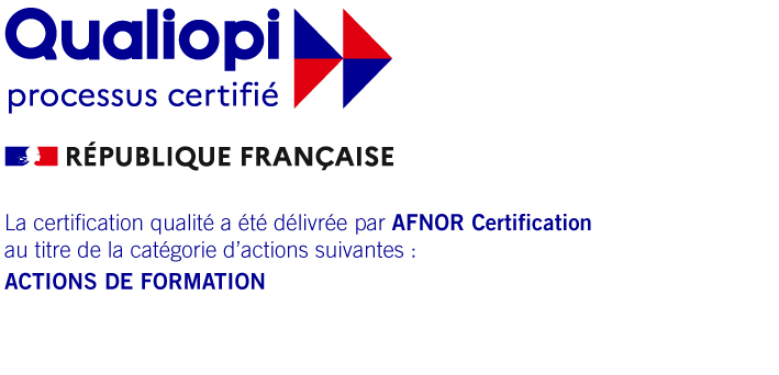 The image shows the Qualiopi certification logo with text. It states "processus certifié" and displays the French flag next to "République Française." Below, it mentions the AFNOR Certification for quality in the "Actions de Formation" category.