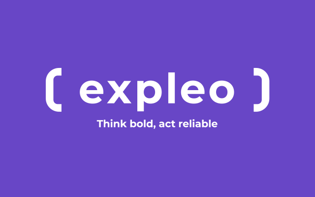 A purple background with white and bold text in the center reads "[ expleo ]" with the phrase "Think bold, act reliable" written below in smaller font. The brackets surround the word "expleo.