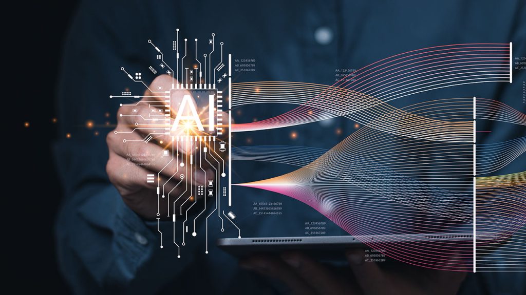 A person uses a stylus on a digital tablet, interacting with a holographic interface displaying a glowing "AI" and various interconnected circuit lines. Colorful wave-like data streams emanate from the tablet, signifying advanced technology and artificial intelligence.
