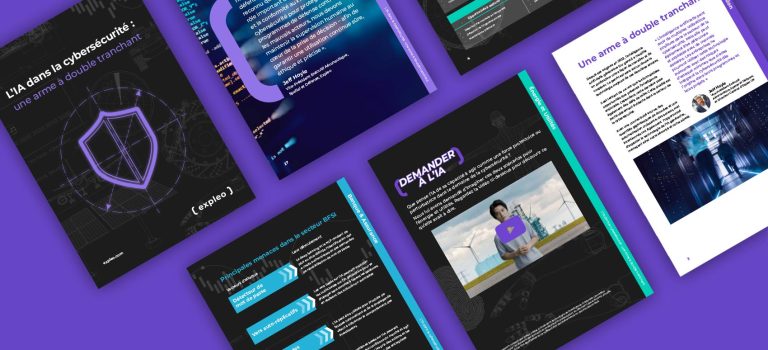 A flat lay of several digital pages featuring text and graphics about AI in cybersecurity. The pages have a purple and black theme with images of a shield, circular diagrams, and a person holding a tablet.