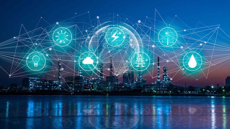 A futuristic city skyline at night with interconnected network lines overlaying the scene. Various icons, such as a sun, light bulb, cloud, tree, and water drop, are illuminated, symbolizing sustainable energy and technology.