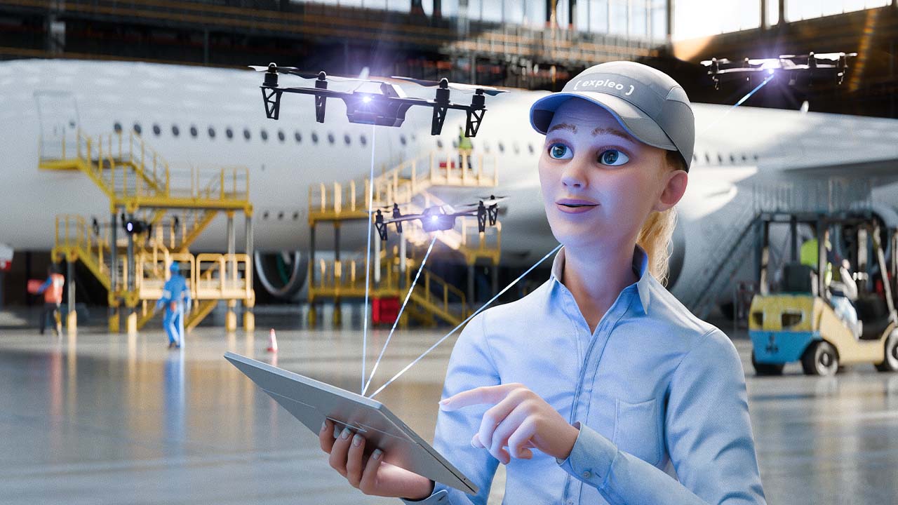 An animated woman in a blue shirt and cap uses a tablet to control drones in an airplane hangar, with a large passenger jet and workers in the background. Lines connect the drones, showing coordination.