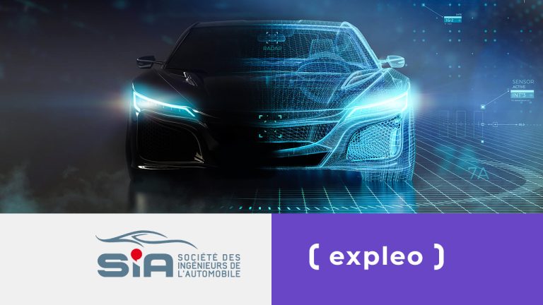 Futuristic car design with illuminated lines depicting technological features. The image includes logos for Société des Ingénieurs de l'Automobile and Expleo.