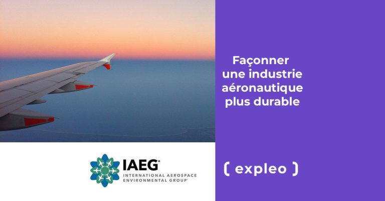 View from an airplane window showing a wing against a sunset sky. The right side features a purple background with the text "Façonner une industrie aéronautique plus durable" and the IAEG logo with "expleo" below it.