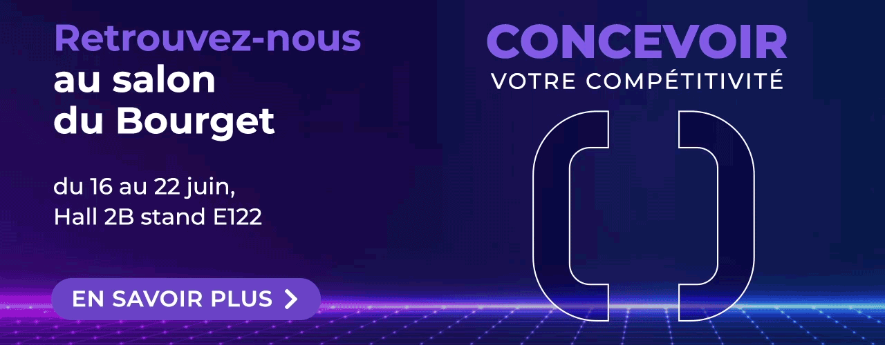 Purple-themed advertisement with text: "Retrouvez-nous au salon du Bourget, du 16 au 22 juin, Hall 2B stand E122. CONCEVOIR VOTRE COMPÉTITIVITÉ." Features a "EN SAVOIR PLUS" button and digital graphics.