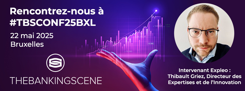 Event banner for #TBSCONF25BXL, 22 May 2025, Brussels. Features a hand holding a rising graph, The Banking Scene logo, and speaker Thibault Griez, Director of Expertise and Innovation at Expleo, with his photo.