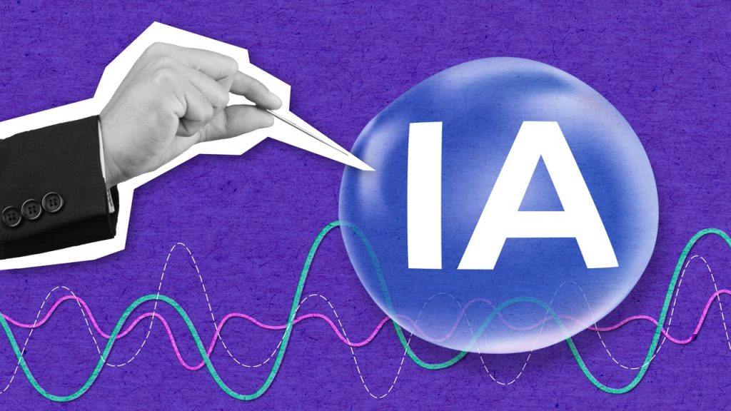 A hand holding a pin is about to pop a bubble labeled "IA" against a purple background with colorful wavy lines below, representing data or signals.