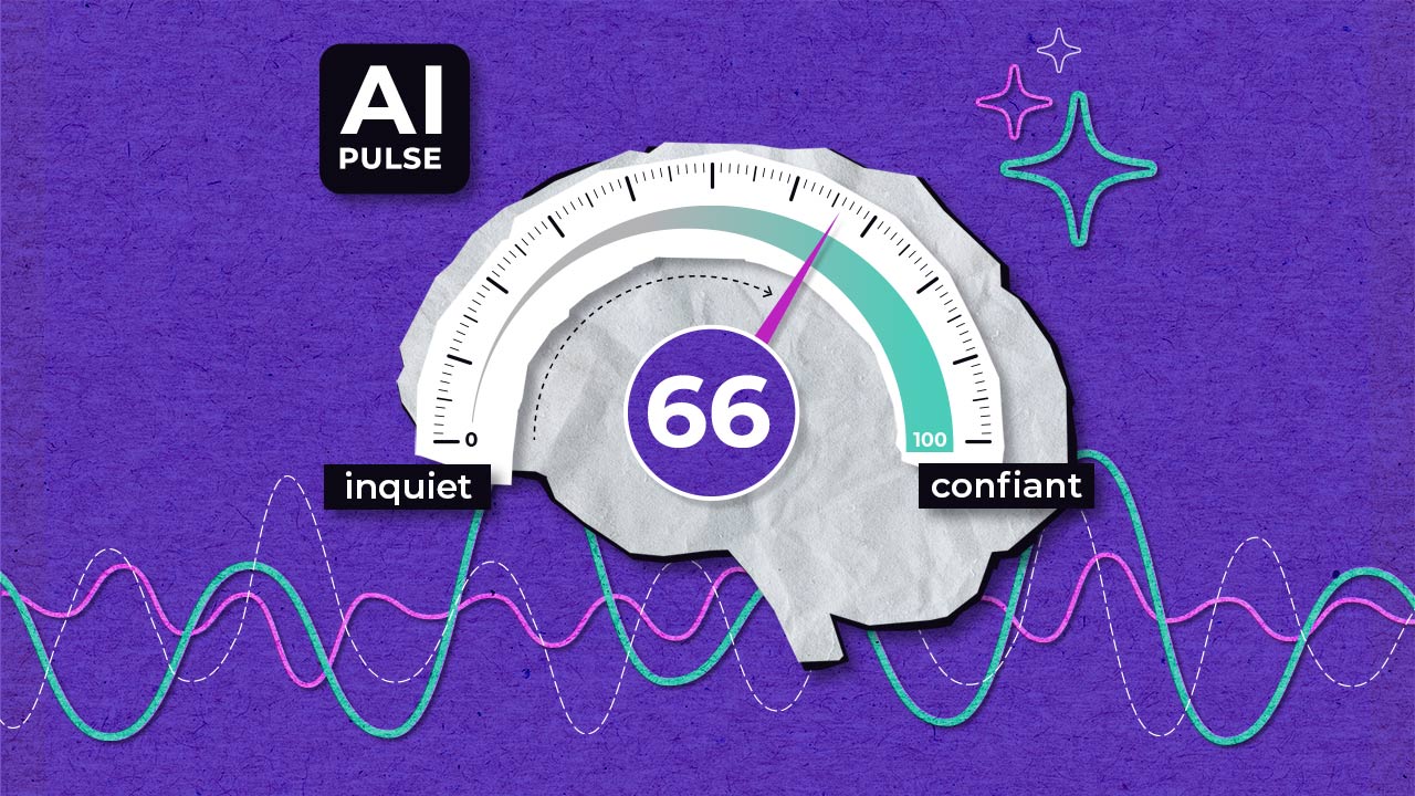 Illustration of a brain-shaped gauge showing a score of 66, with labels “inquiet” (worried) on the left and “confiant” (confident) on the right, on a purple background with colorful lines and an “AI Pulse” logo.