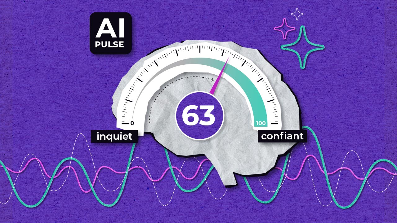 Illustration of a brain-shaped gauge with a needle pointing to 63 on a scale from "inquiet" (anxious) to "confiant" (confident), labelled "AI Pulse," with colourful waveforms and stars on a purple background.
