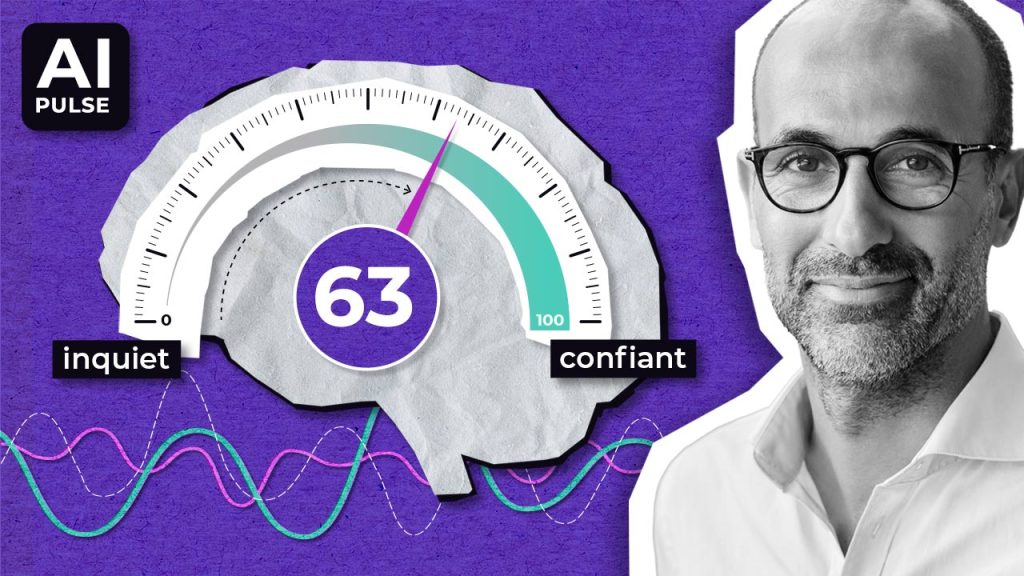 A gauge shaped like a brain shows a reading of 63 out of 100, with labels "inquiet" (worried) on the left and "confiant" (confident) on the right. A smiling man in glasses is on the right, with "AI PULSE" text in the corner.