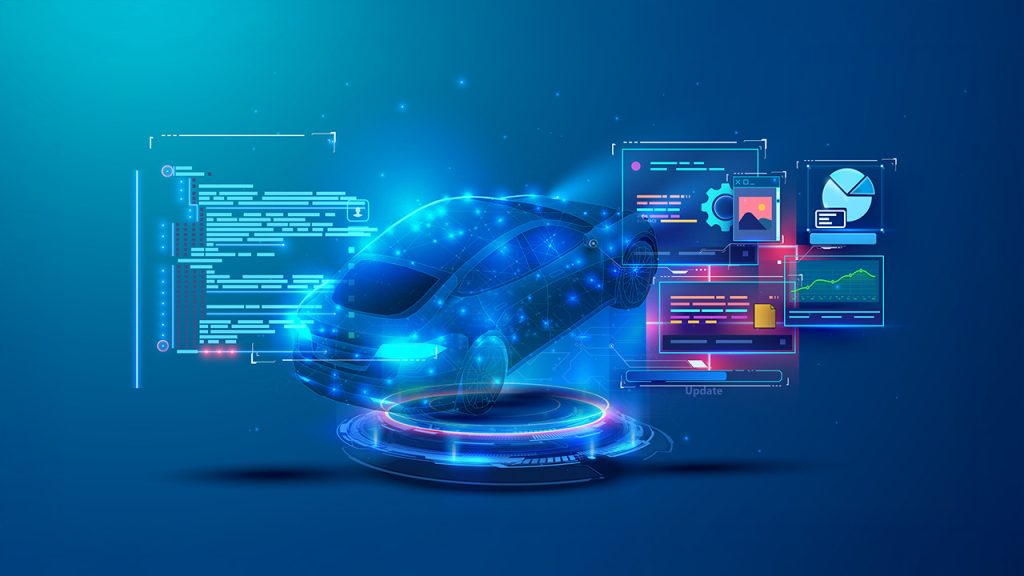 A futuristic digital illustration of a car surrounded by floating holographic screens displaying data, charts, and code, representing automotive technology and innovation on a blue gradient background.