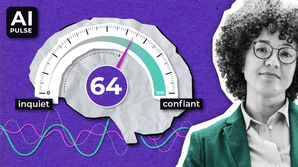 A digital gauge shaped like a brain reads "64" on a scale from "inquiet" (anxious) to "confiant" (confident), with colorful wave lines below and a person with glasses and curly hair on the right.