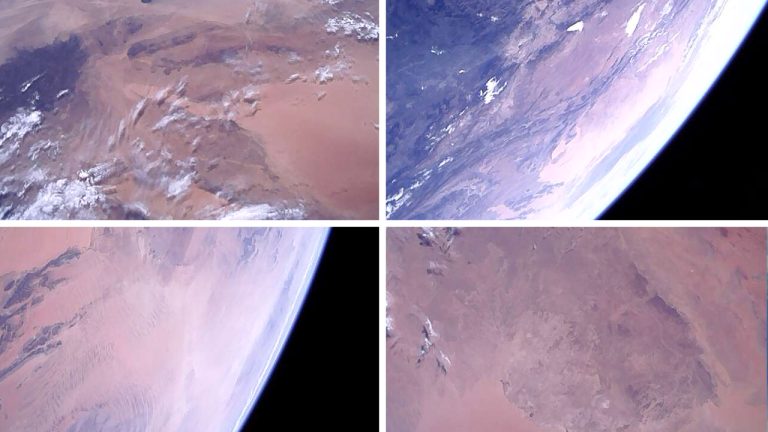 Four satellite images show different angled views of Earth's surface, featuring vast desert landscapes, arid terrain, some scattered clouds, and the planet’s curved horizon against the dark backdrop of space.