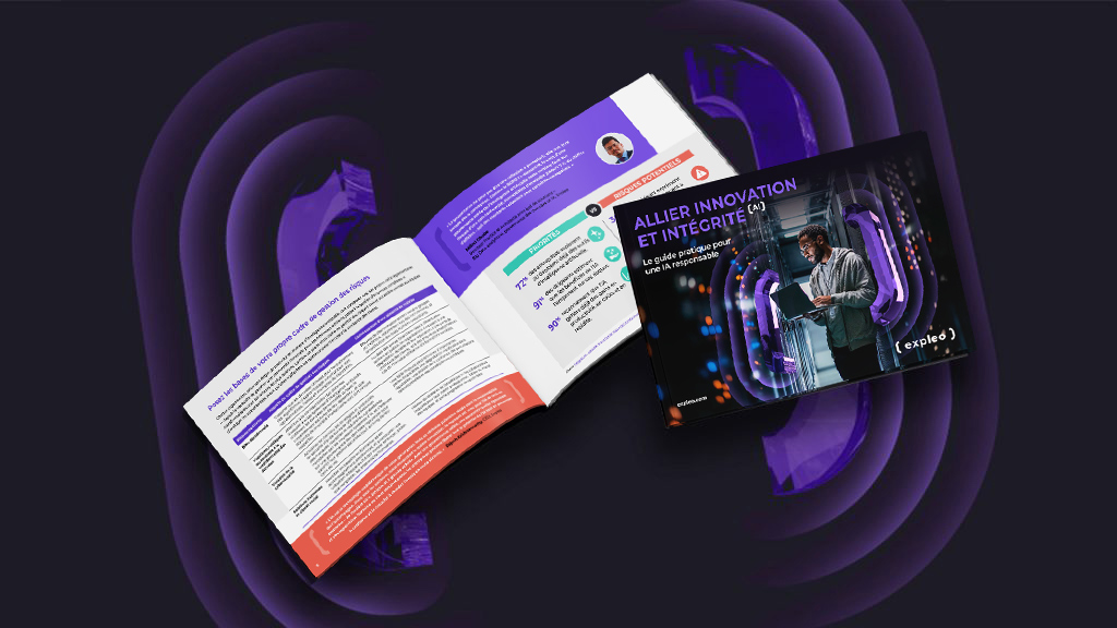 An open booklet with colorful charts and text sits next to a digital screen showing a person in a server room, with the title "Allier Innovation et Intégrité" on a dark, tech-themed background.