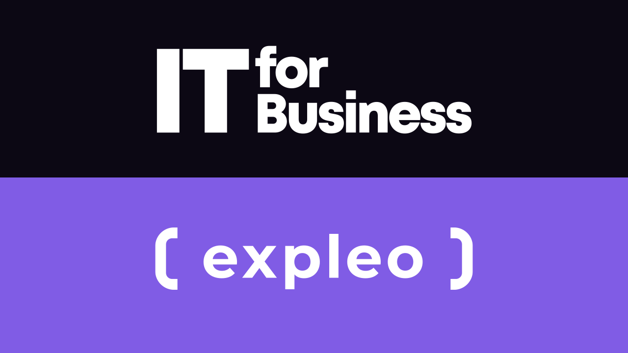 A graphic with "IT for Business" in bold white text on a black background above, and "(expleo)" in white text with brackets on a purple background below.