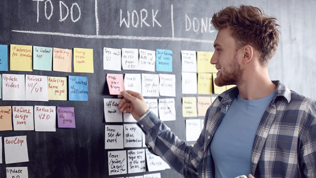 A man stands in front of a blackboard with columns labeled TO DO, WORK, and DONE, reviewing colorful sticky notes organized under each category as part of a project management process.
