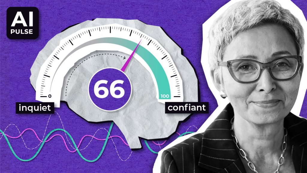 Un graphique avec une jauge en forme de cerveau indiquant un score de 66 sur 100, allant de "inquiet" (anxieux) à "confiant" (confiant). Le logo AI Pulse et une femme âgée avec des lunettes et des cheveux courts se trouvent à droite.