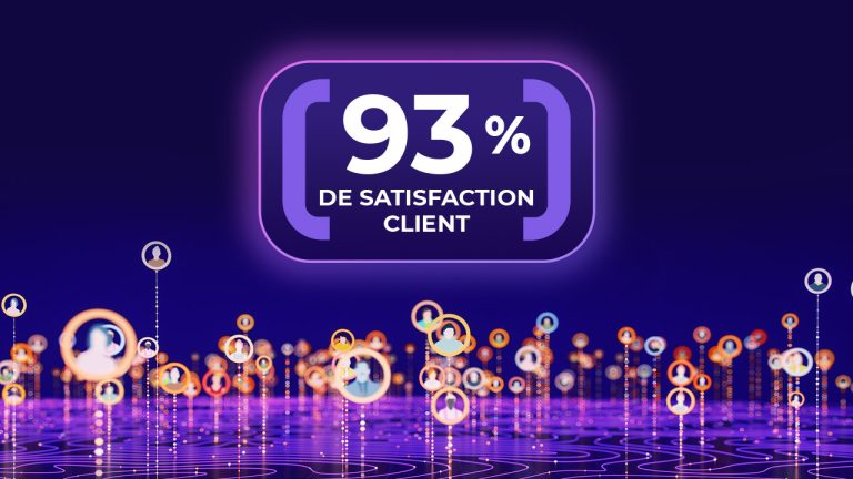 A digital graphic displays "93% de satisfaction client" in bold white text on a purple background, with floating circular icons representing people over a glowing grid.
