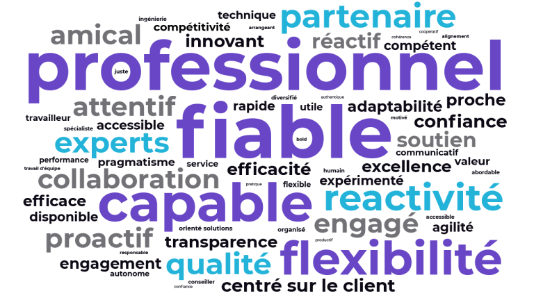 A word cloud in French, with large words including "professionnel," "fiable," "capable," "flexibilité," and "qualité," surrounded by related words like "réactivité," "proactif," "collaboration," and "partenaire.