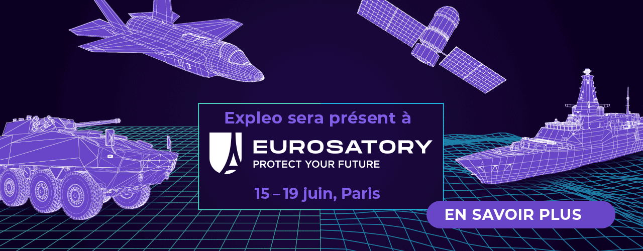 Une bannière numérique présente des modèles filaires d'un avion de chasse, d'un véhicule blindé, d'un satellite et d'un navire de guerre. Un texte annonce la présence d'Expleo à Eurosatory, du 15 au 19 juin à Paris, avec un bouton "En savoir plus".
