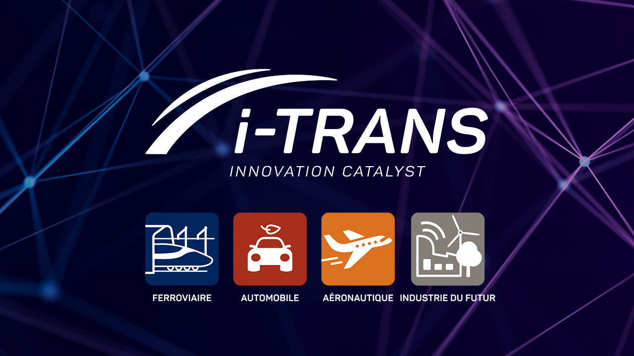Logo pour le catalyseur d'innovation i-TRANS avec des icônes représentant quatre secteurs : le chemin de fer, l'automobile, l'aéronautique et l'industrie du futur. L'arrière-plan est constitué d'un motif numérique sombre ressemblant à un réseau, avec des lignes de connexion.
