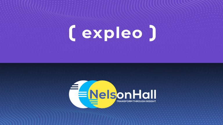A split image: the top half shows the Expleo logo on a purple background, and the bottom half shows the NelsonHall logo with the tagline "Transform Through Insight" on a dark blue background.