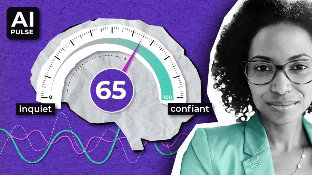 Une illustration représente un indicateur en forme de cerveau affichant la valeur 65, entre « inquiet » et « confiant », avec des courbes colorées en dessous et, à droite, une femme portant des lunettes et une veste bleu sarcelle. La mention « AI Pulse » apparaît dans le coin supérieur gauche.