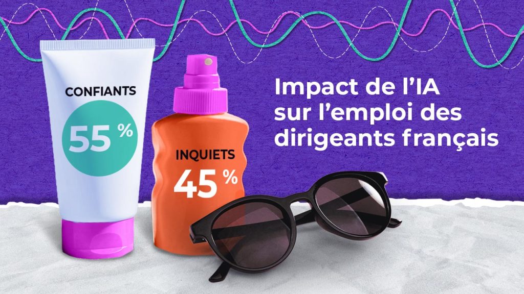 Deux bouteilles portant les inscriptions « Confiants 55 % » et « Inquiets 45 % », avec des lunettes de soleil devant, sur un fond violet. Le texte indique : « Impact de l’IA sur l’emploi des dirigeants français ». Des lignes colorées traversent la partie supérieure.